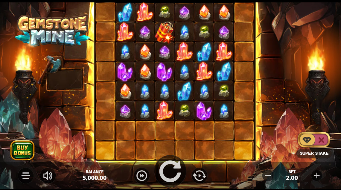 Red and purple crystals filling the central area of an eight by eight grid surrounded by intact stone blocks in Gemstone Mine slot.