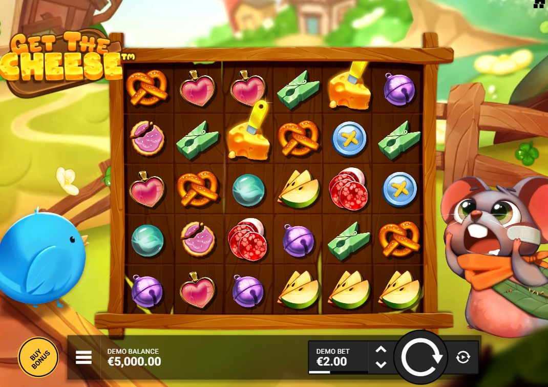 Full 6x5 grid of Get the Cheese slot during the base game showing the colorful symbol layout and main user interface elements.