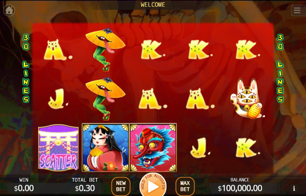 Main 5x3 reel set of Ghosts Night Walk Lock 2 Spin slot showing Torii gate scatters and demon masks to illustrate the high-value symbols.