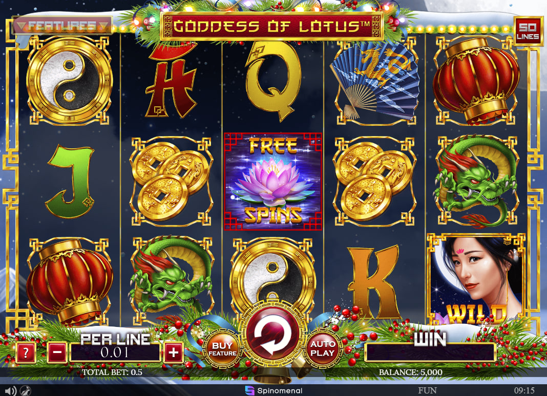 Main 5x3 reel layout of Goddess of Lotus Christmas Edition slot showing winter decorations and control buttons for session management.