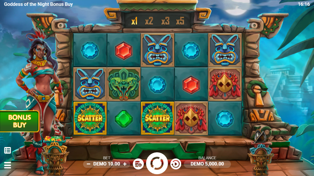 Goddess of the Night Bonus Buy main interface showcasing the five-by-three stone grid and active multiplier display to help players monitor cascade progress.