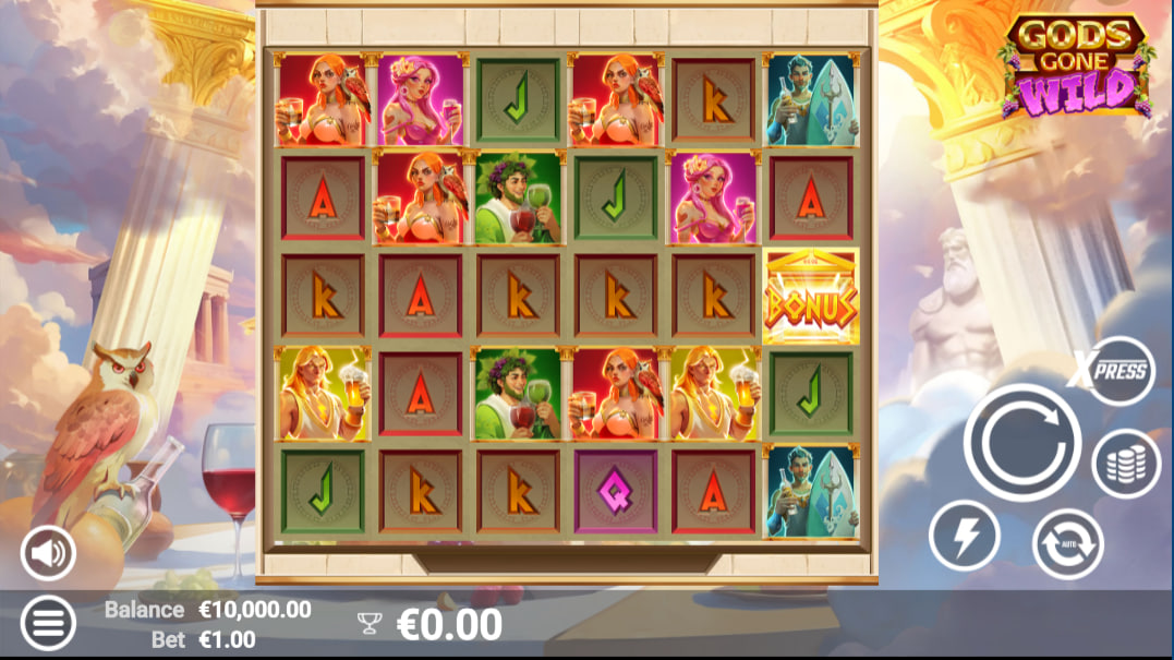 Gods Gone Wild slot main grid showing mythological symbols and the Pay Anywhere interface for players tracking symbol counts.