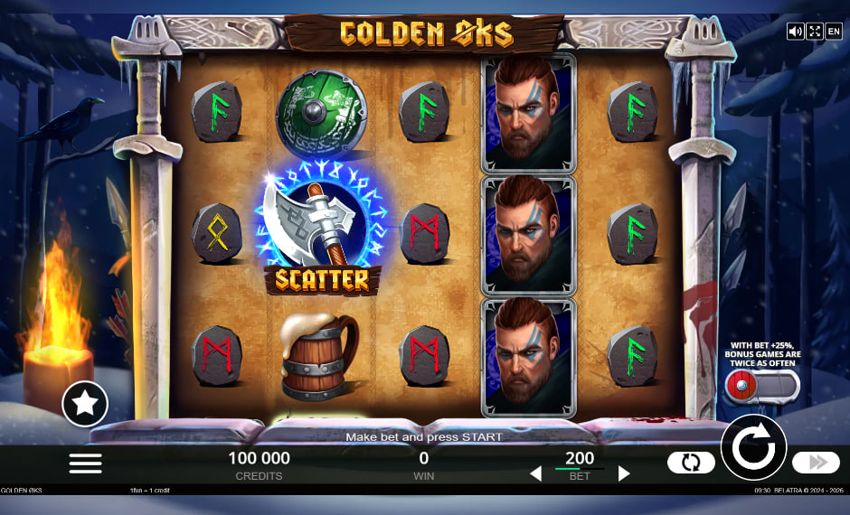 The main five-by-three reel layout of Golden Axe slot highlighting the primary Viking characters and navigation buttons required to adjust total stakes.