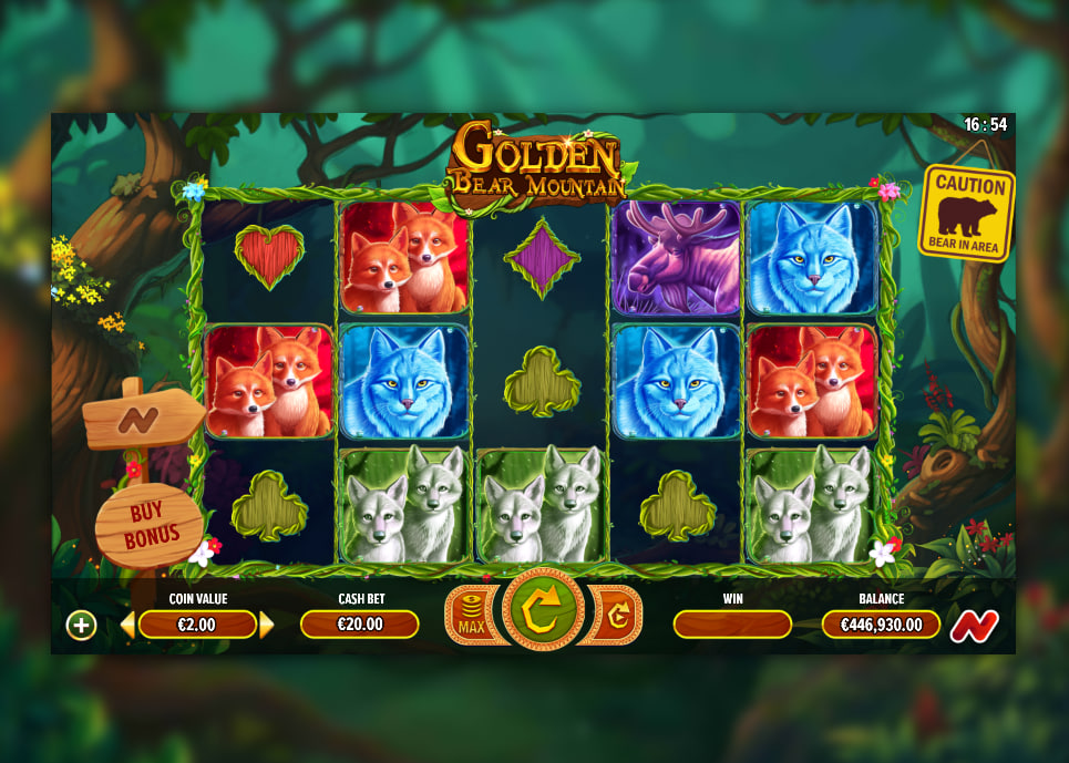 Main gameplay layout of Golden Bear Mountain slot showing animal symbols on a five-by-three grid to demonstrate payline configurations.