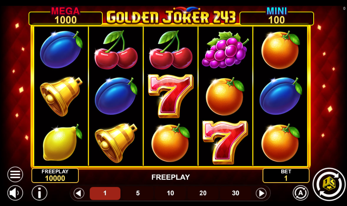 Five fruit reels on the Golden Joker 243 slot matrix showing lemons and cherries to illustrate the base game layout for active players.