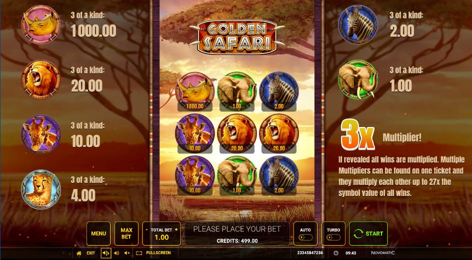 Nine unopened opaque scratch cards on the main game board of Golden Safari slot showing the wagering options and starting user interface.