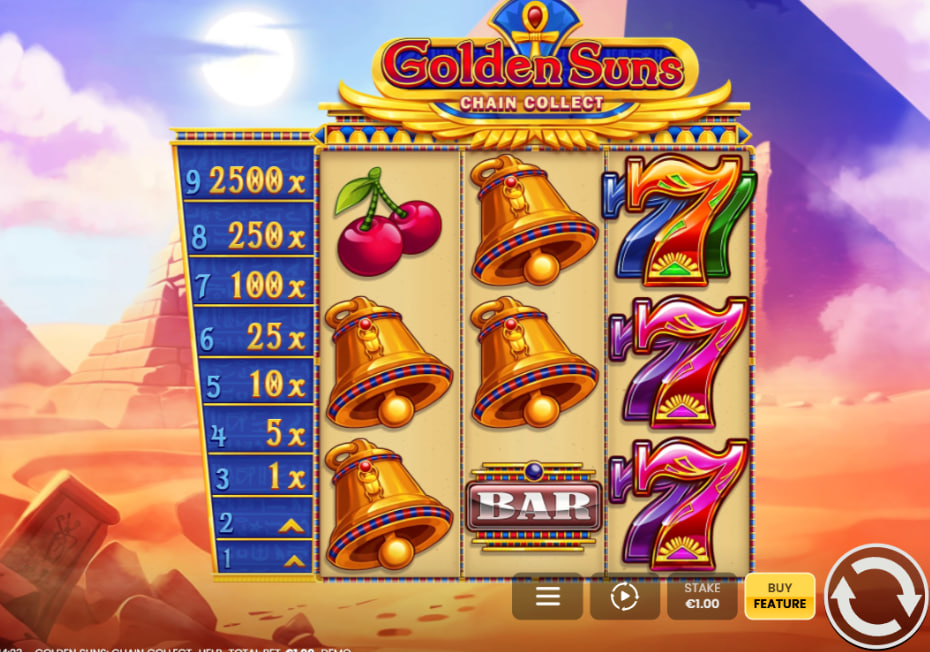 Golden Suns slot base game layout showing the 3x3 symbol matrix alongside the blue Chain Collect ladder on the left interface boundary.