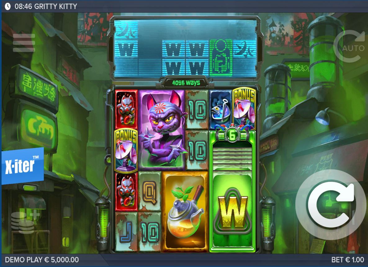 Gritty Kitty of Nitropolis slot main interface showing the starting six by four layout with four thousand ninety six active ways to win.