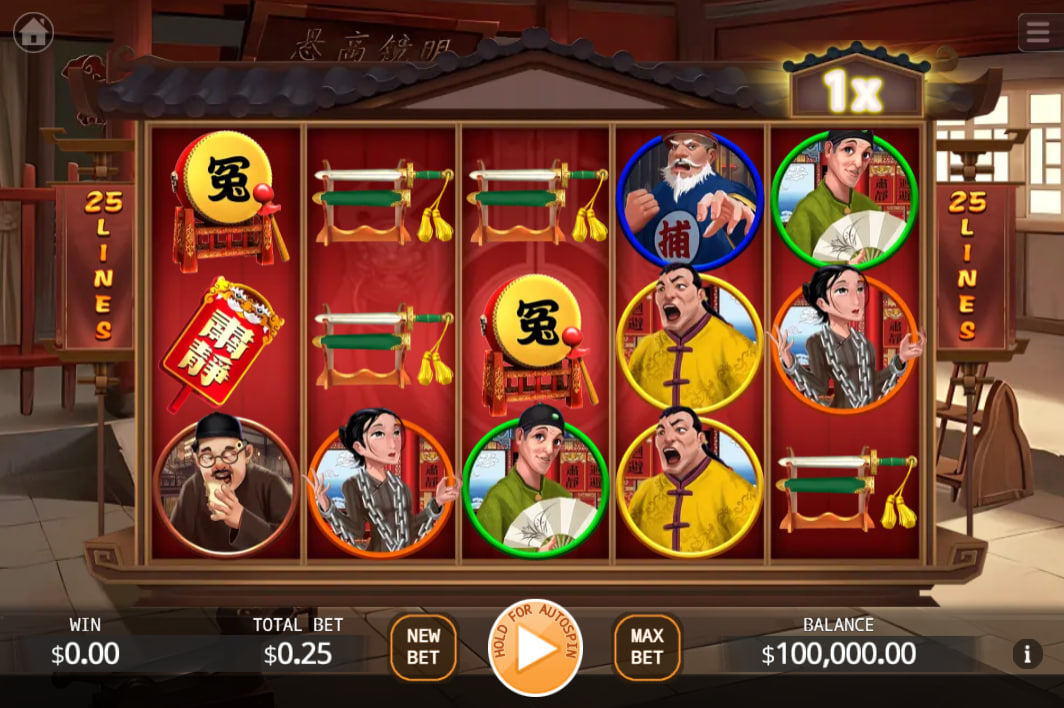 Main 5x3 reel grid of Hail the Judge slot showcasing ancient Asian legal characters and symbols over a fixed twenty-five payline structure.