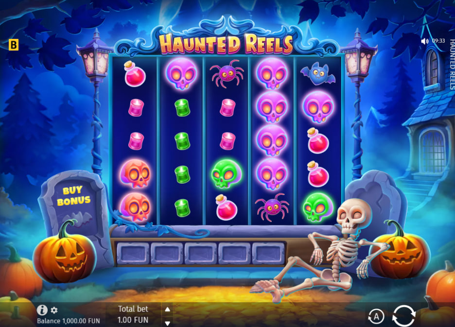 Haunted Reels slot base game 5x5 grid display showing skull symbols and ways-to-win mechanics for assessing the standard reel layout.