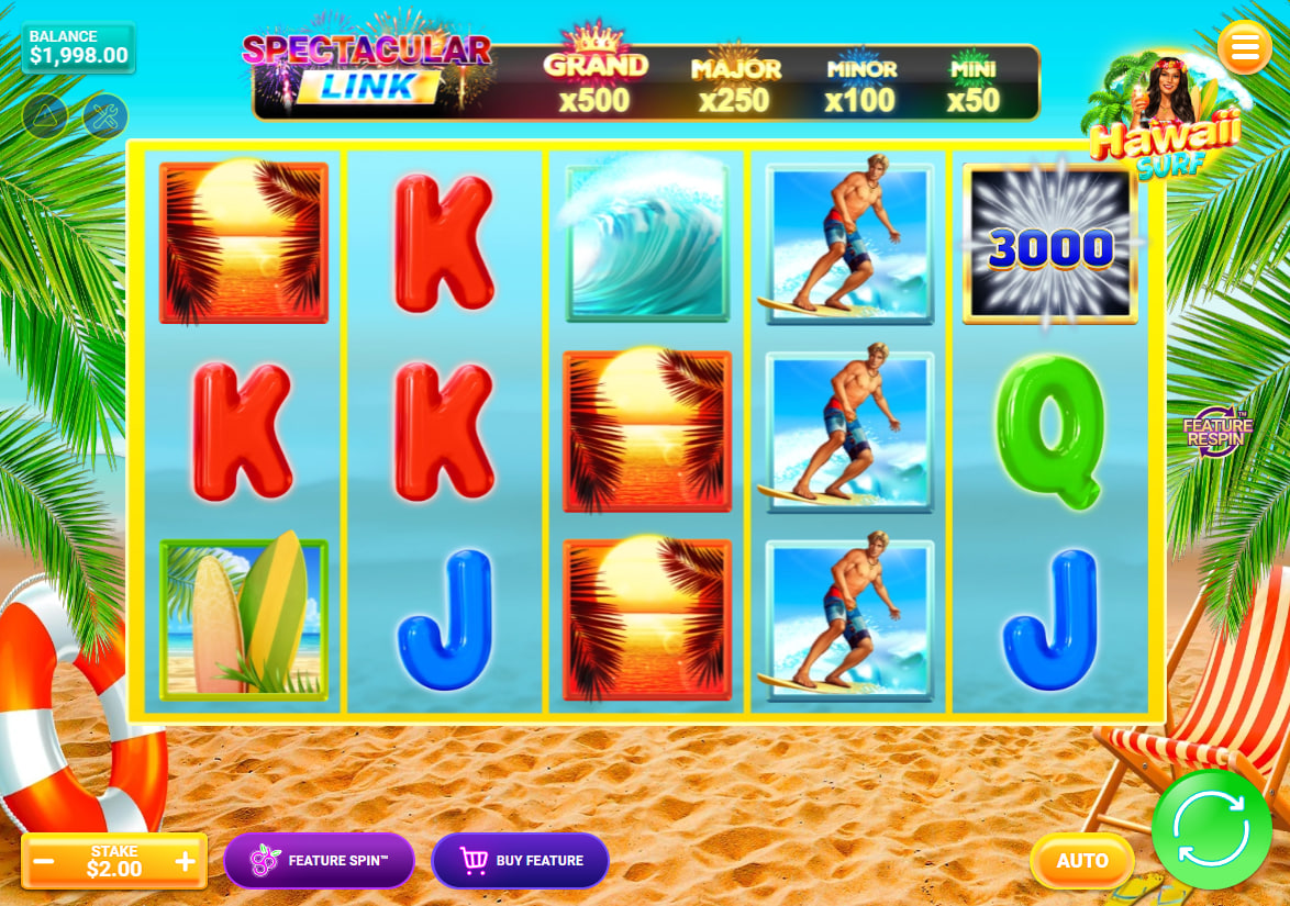 Hawaii Surf slot main 5x3 grid showing surfer and cocktail woman symbols on a tropical beach background for gameplay orientation.