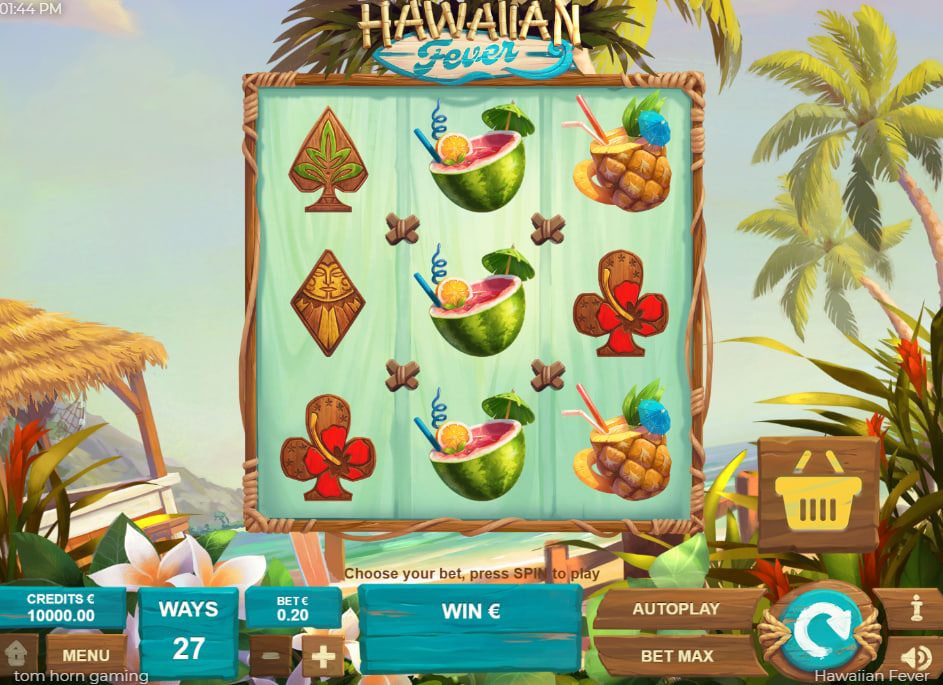 Main 3x3 grid layout of Hawaiian Fever slot showing tropical drink symbols on the beach background which helps players understand the basic interface setup.