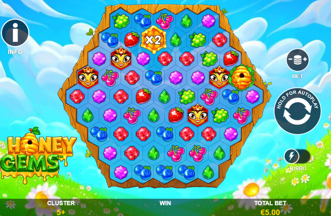 Honey Gems slot hexagonal 61-cell grid showing various fruit and gem symbols to illustrate the cluster pay interface for players.