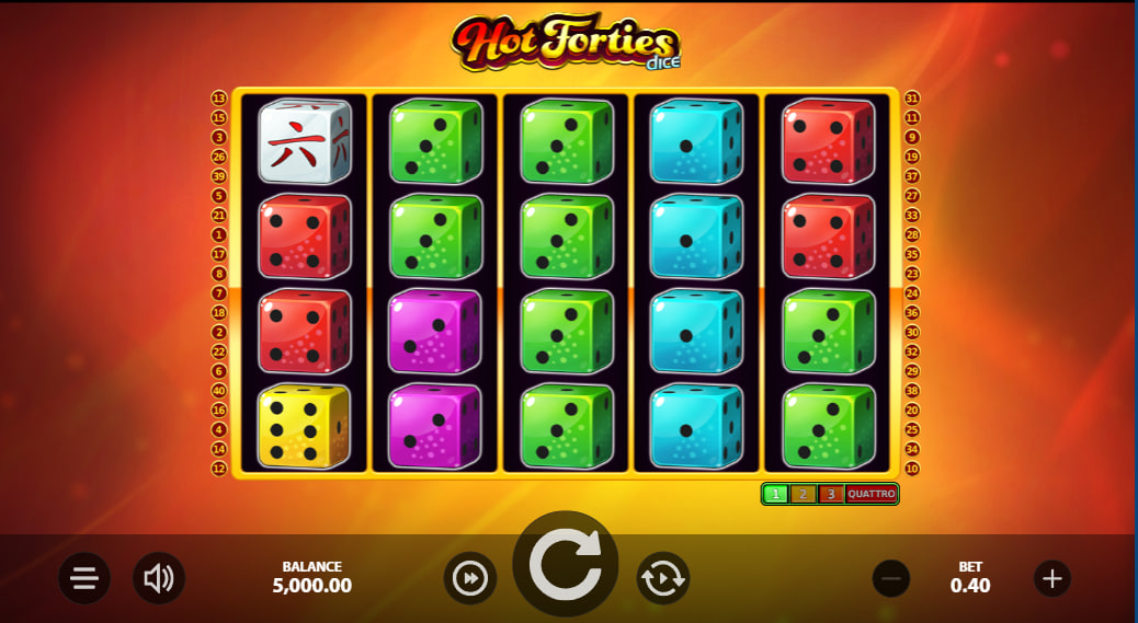 Hot Forties Dice slot main interface showing the 5x4 grid with colorful dice symbols and the spin button.