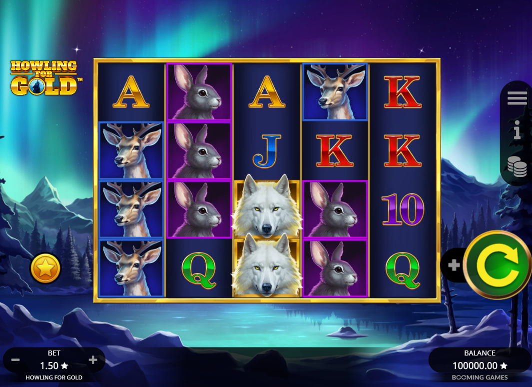 Main 5x4 reel grid of Howling for Gold slot showing wolf, stag, and rabbit symbols on a snowy wilderness background for tracking standard payouts.