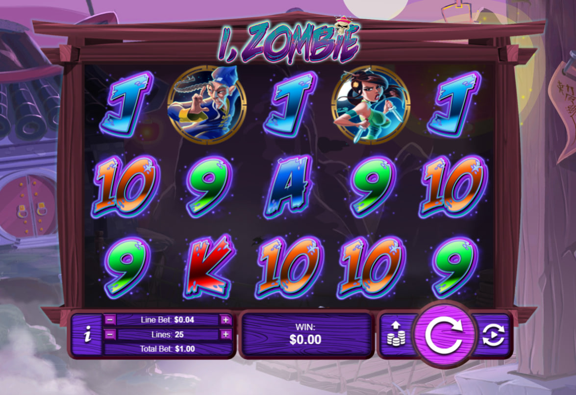 Main screen of I Zombie slot showing the five by three reel layout and user control dashboard for active session tracking.