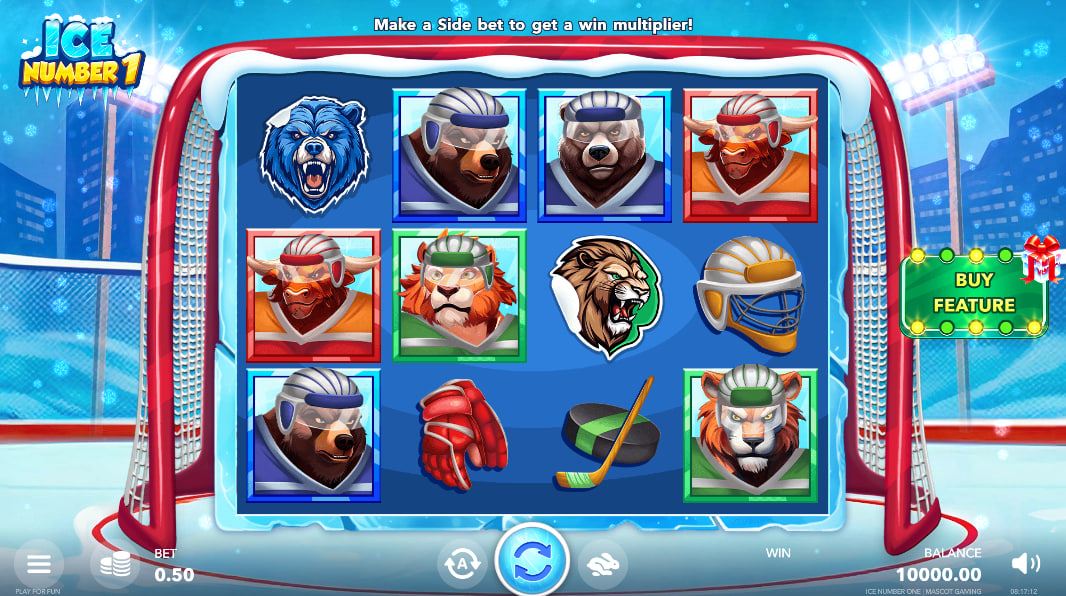 Ice Number One slot main interface on a 4x3 grid inside a hockey goalpost showcasing animal hockey symbols for player alignment planning