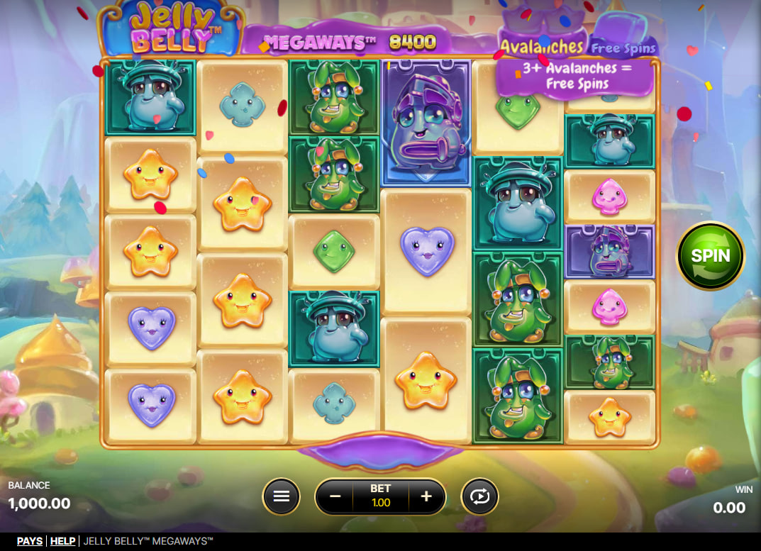 Close-up of Jelly Belly Megaways reels showing the 8400 ways counter and premium jelly bean symbols for visual clarity on game mechanics.