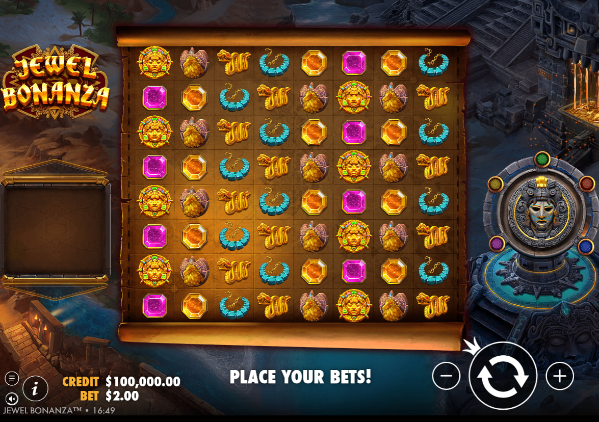 Full 8x8 grid layout of Jewel Bonanza slot machine showing pristine Aztec symbols before a real money tumble sequence starts.