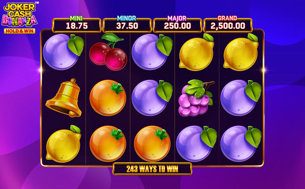 Main gameplay interface of Joker Cash Bonanza slot showing the five-by-three fruit grid and fixed jackpot values on top.