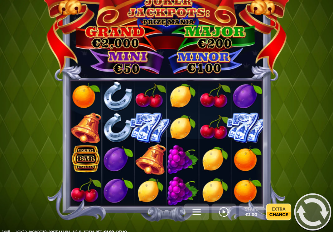 Main 6-reel grid layout of Joker Jackpots Prize Mania slot showing active fruit symbols and fixed jackpot values to display interface structure.