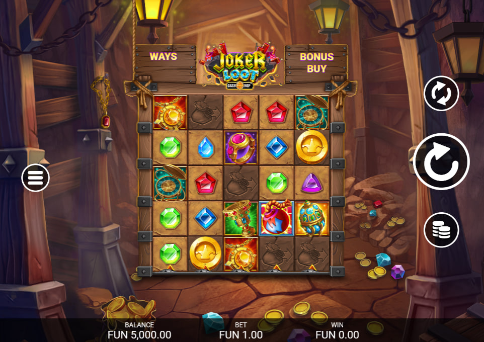 The main 5x5 reel grid of Joker Loot slot showing various gem symbols inside a dark stone dungeon vault setting to display the default gameplay view.