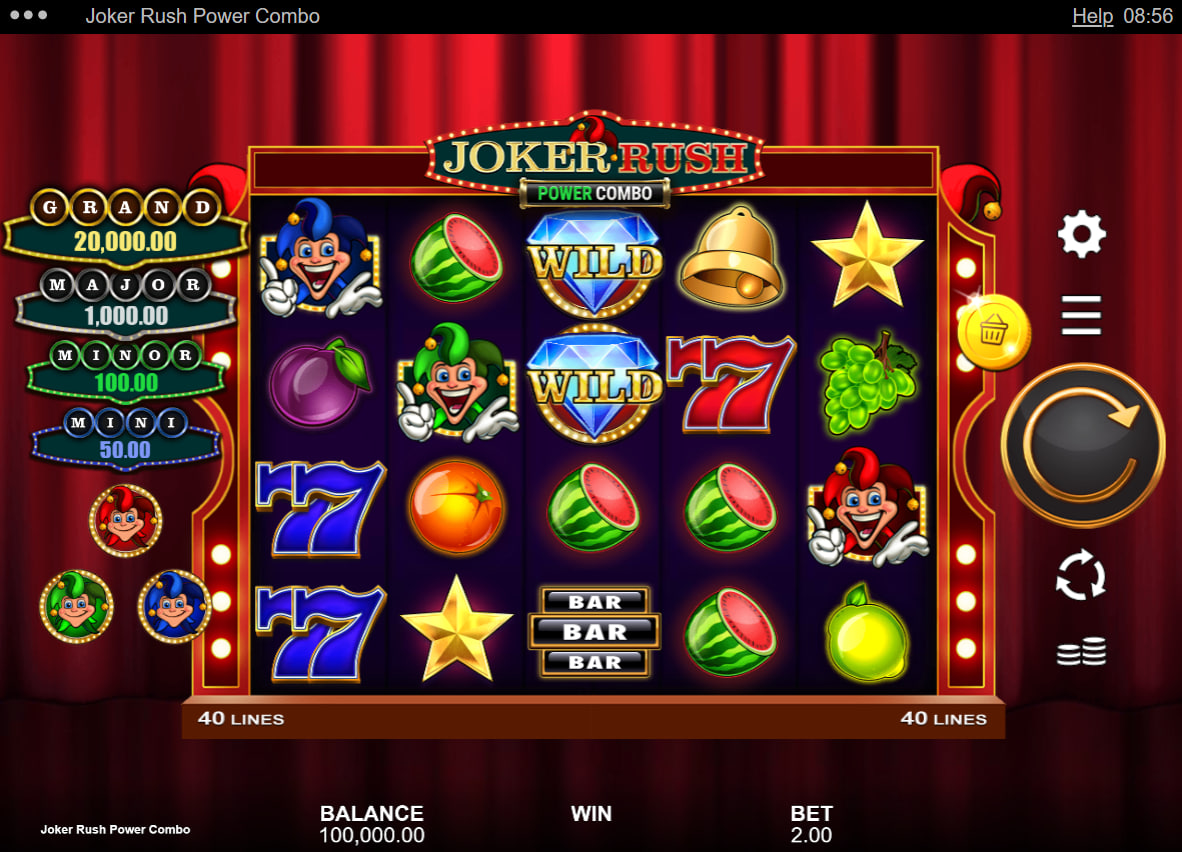 Main 5x3 reel layout of Joker Rush Power Combo slot showcasing classic fruit symbols and jackpot prize meters to prepare players for the base interface.