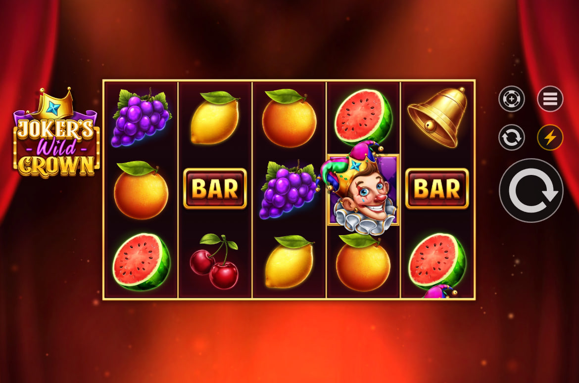 Classic fruit symbols on the 5x3 grid layout of the Joker's Wild Crown slot machine showing potential payline pathways for players.