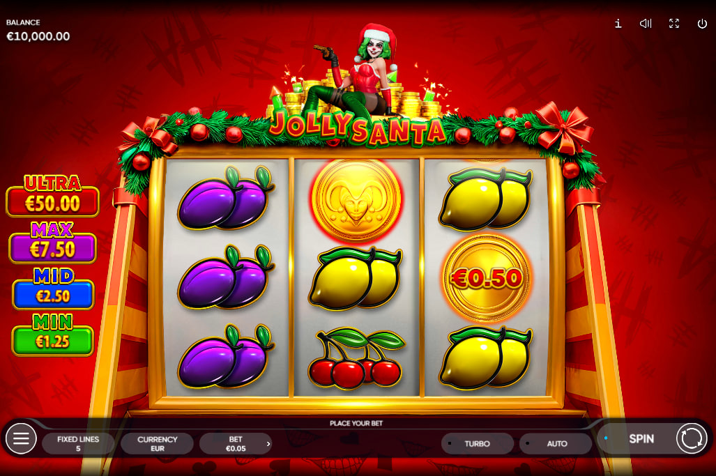 Main 3x3 slot grid of Jolly Santa game showing fruit combinations and special gold prize coins on the reels for bankroll tracking.