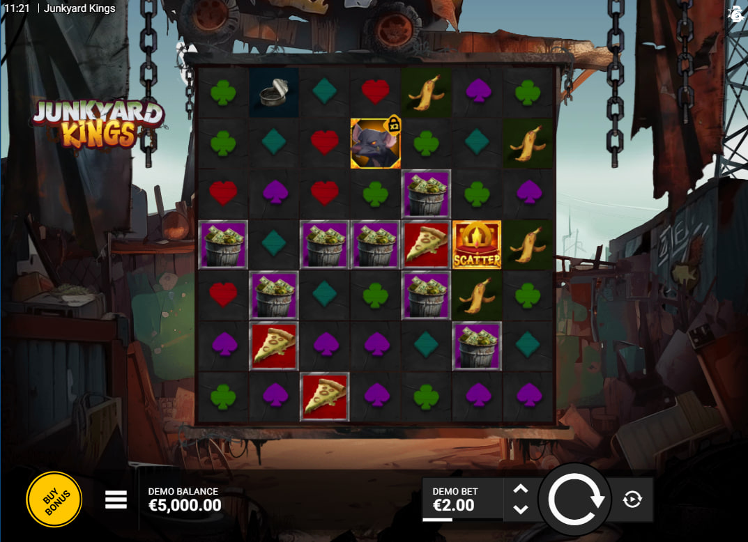 Loading screen of Junkyard Kings slot showing the 12,000x max win potential and rat volatility icons to inform players about the game's risk.