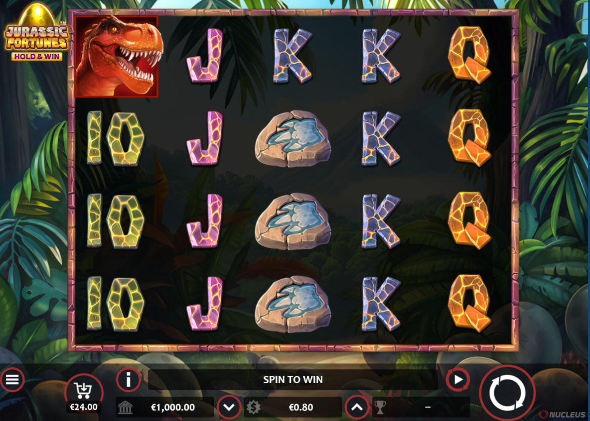 Jurassic Fortunes slot base game interface displaying prehistoric dinosaur symbols on a five-by-four grid layout for session tracking.