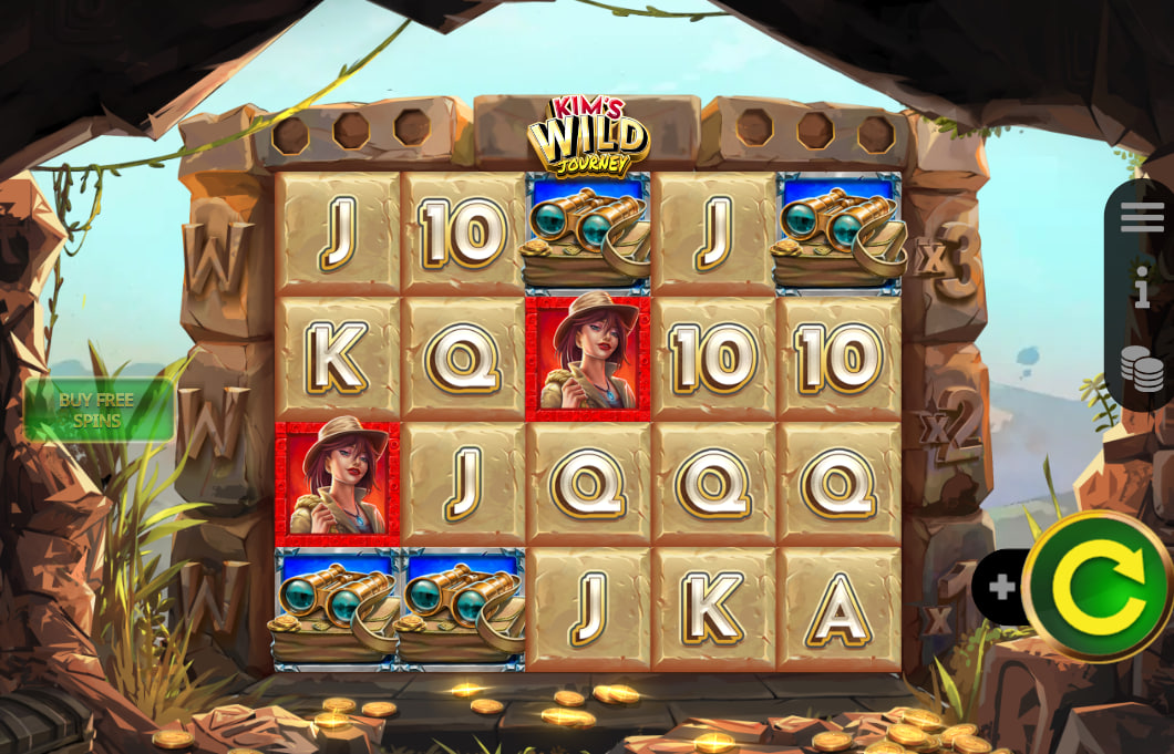 Base game grid of Kim's Wild Journey slot showing the stone-carved five-by-four reel layout to help players visualize the default display.
