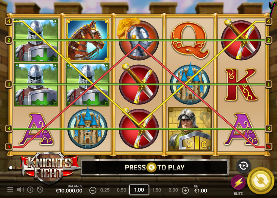 Full view of the Knights Fight slot main interface displaying colored paylines crossing the medieval grid to show winning symbol alignments.