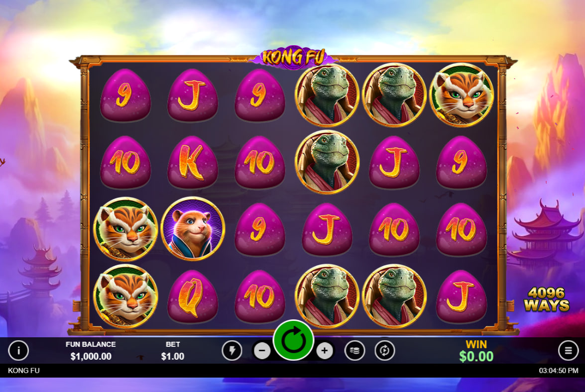 Kong Fu slot base game 6x4 grid showing martial arts animal symbols and the central UI interface for spin controls.