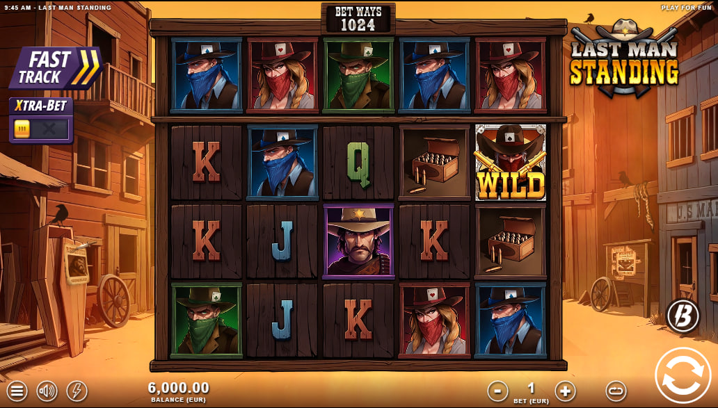 Full view of the Last Man Standing slot 5x4 grid and top slider row showing Western character symbols and UI layout for players to understand the game structure.