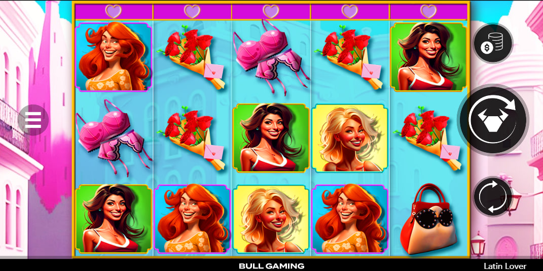Full 5x3 reel set of Latin Lover slot featuring women characters and romantic symbols to show basic game structure.