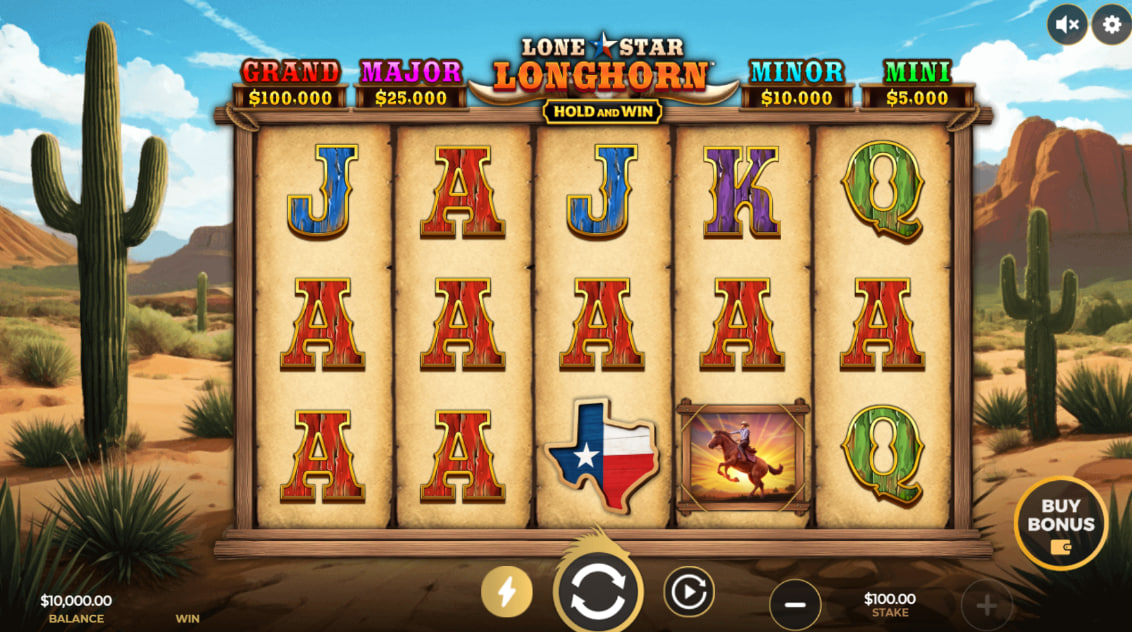 Lone Star Longhorn slot main 5x3 screen layout showing four fixed jackpot values and the buy bonus controller button for managing gaming sessions.
