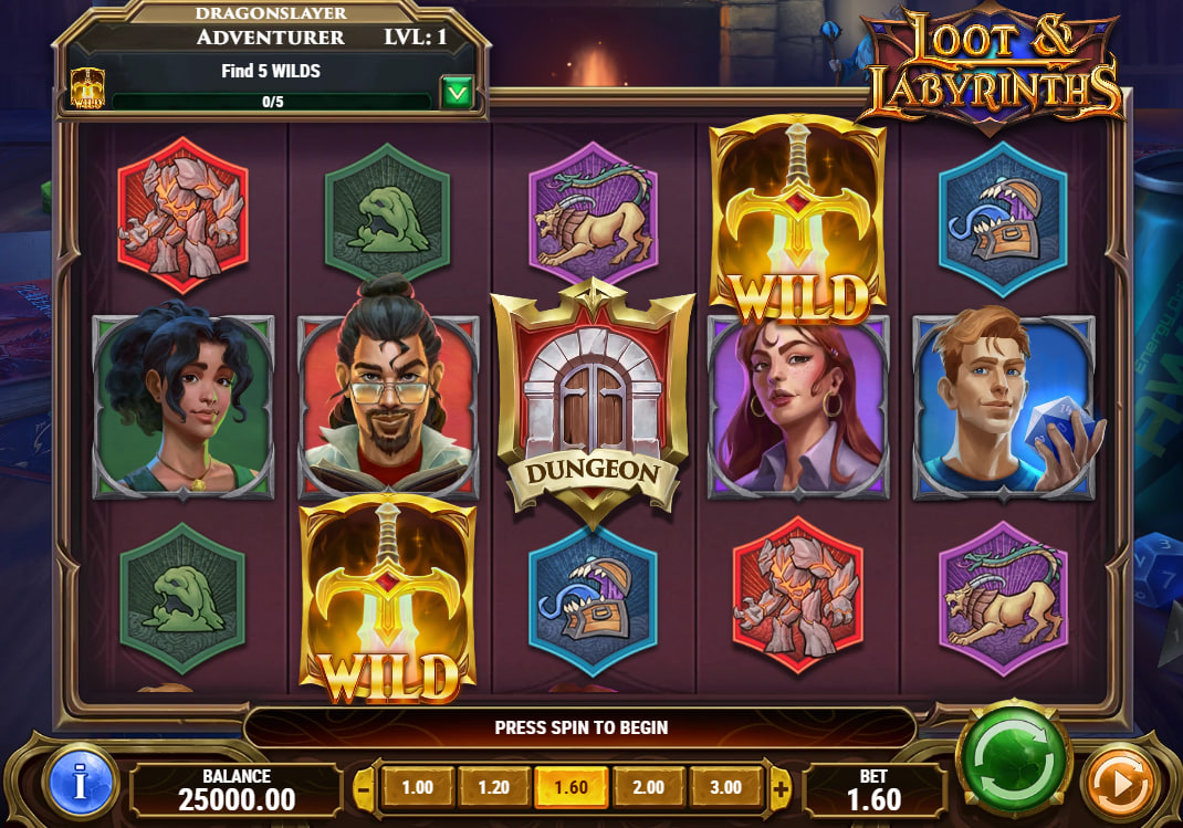 Loot & Labyrinths main game screen showing a 5x3 grid with Paladin and Barbarian symbols which are essential for high-tier line payouts.