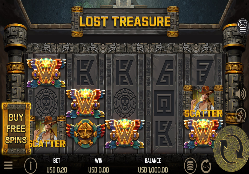 Base game grid of Lost Treasure slot showing stone columns and wild symbols on the reels to help players identify winning paths.
