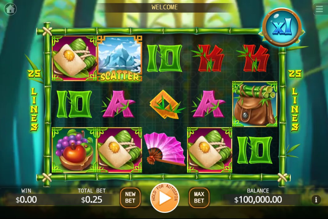 Lucky Ailurus slot base game grid showcasing the five bamboo reels and standard control panel before a betting round starts.