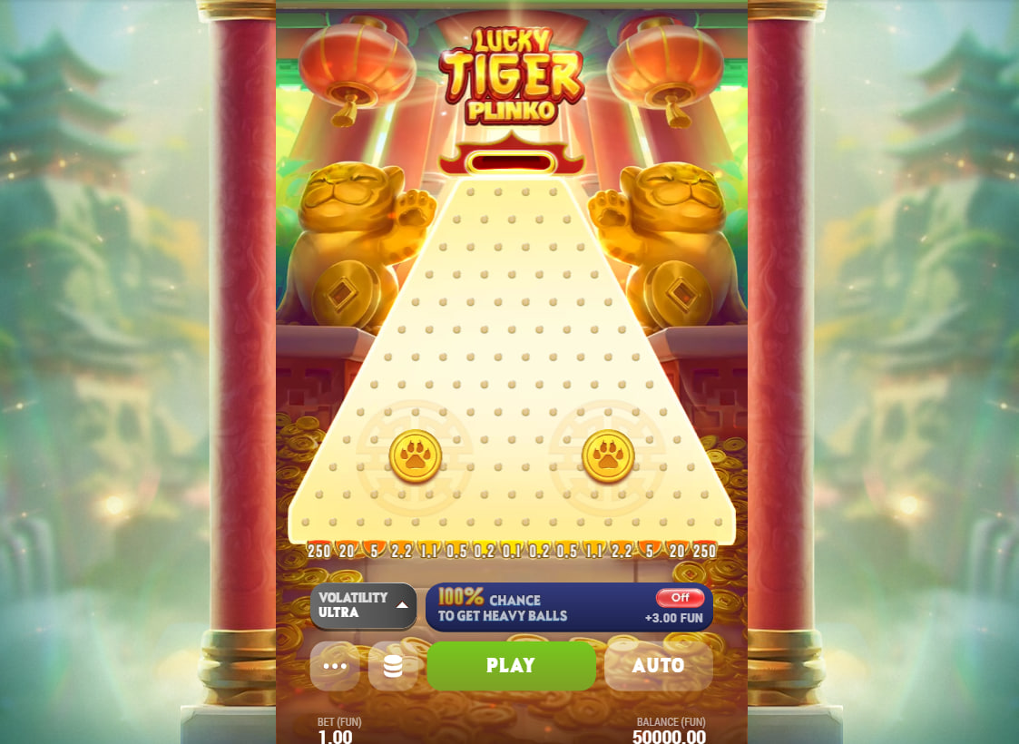 Main 13-row peg pyramid interface in Lucky Tiger Plinko displaying the volatility level adjustment panel to help players choose session risk.