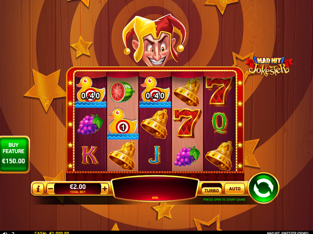 Mad Hit Jokester slot interface showing the 5x3 grid with prize ducks and the buy feature button for immediate bonus access.