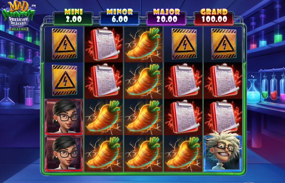 Main grid interface of Mad Scientist Breaking Beakers slot showcasing character positions and jackpot prize tiers above the matrix columns.
