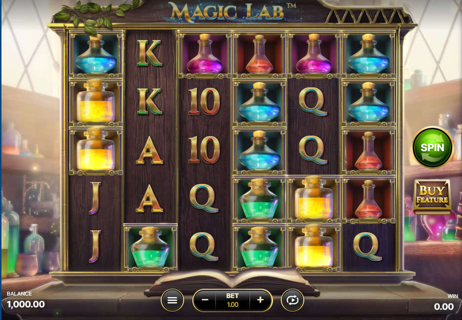 A large cluster win of yellow potions on the Magic Lab slot grid demonstrating the scatter pays engine and initial cascade mechanics.