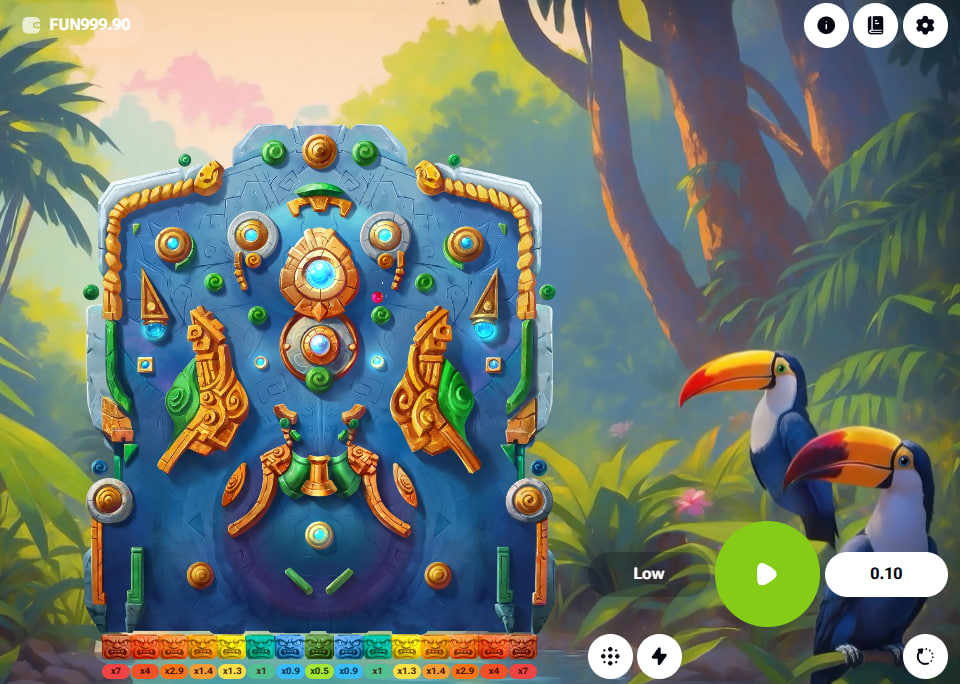 Magic Plinko main interface showing the stone monolith board and toucans in a jungle setting for tracking initial wagers and layouts.
