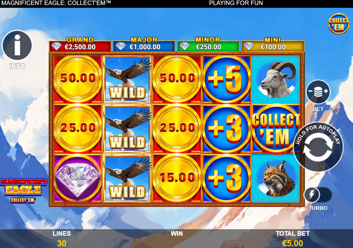Magnificent Eagle CollectEm slot base game interface displaying animal symbols and cash prize coins on the reels for active player evaluation.