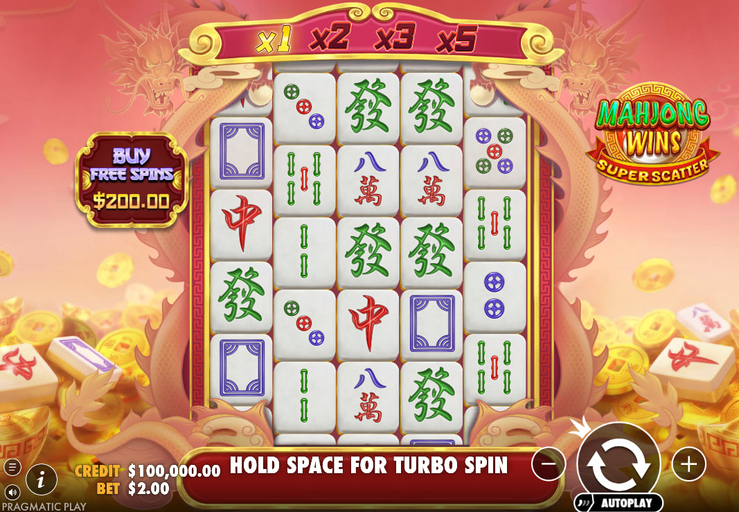 Main 5-reel grid layout of Mahjong Wins slot displaying traditional character tiles during a real cash betting round.