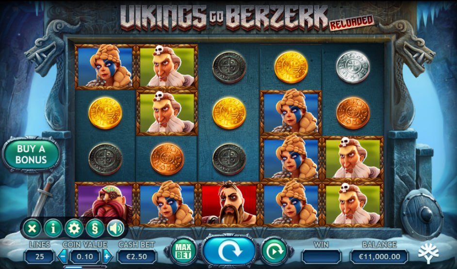 Main gameplay grid of Vikings Go Berzerk Reloaded slot showing the five by four reel layout and control panel settings.