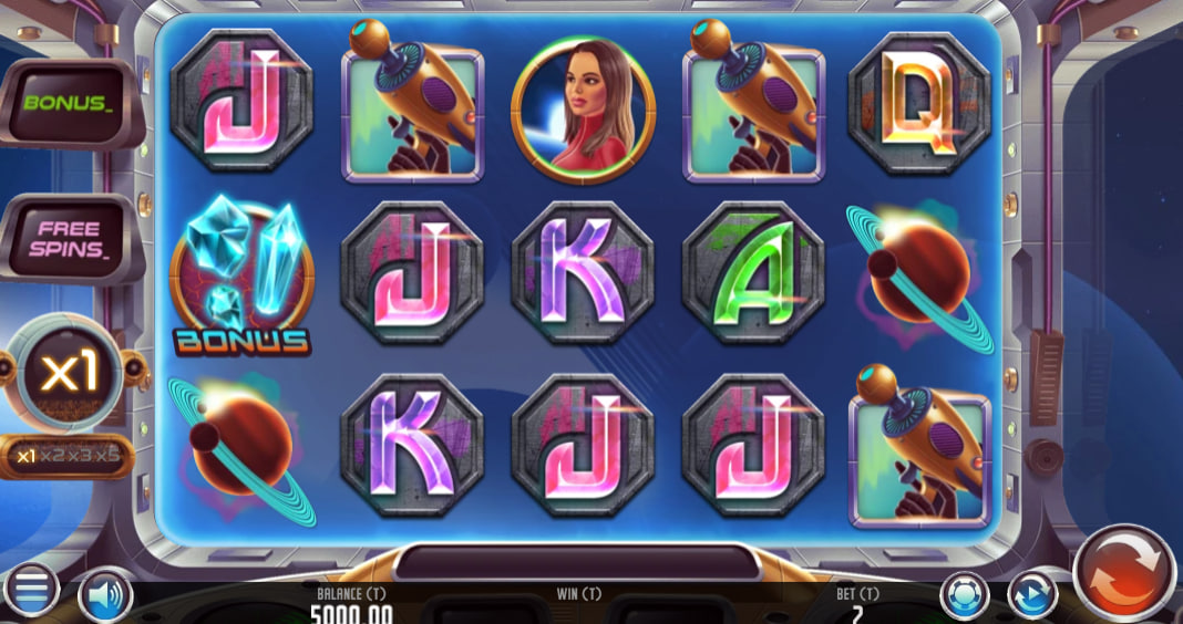 Main gameplay layout of the slot showing the active space themed grid and twenty lines structure before a reel drop sequence starts.