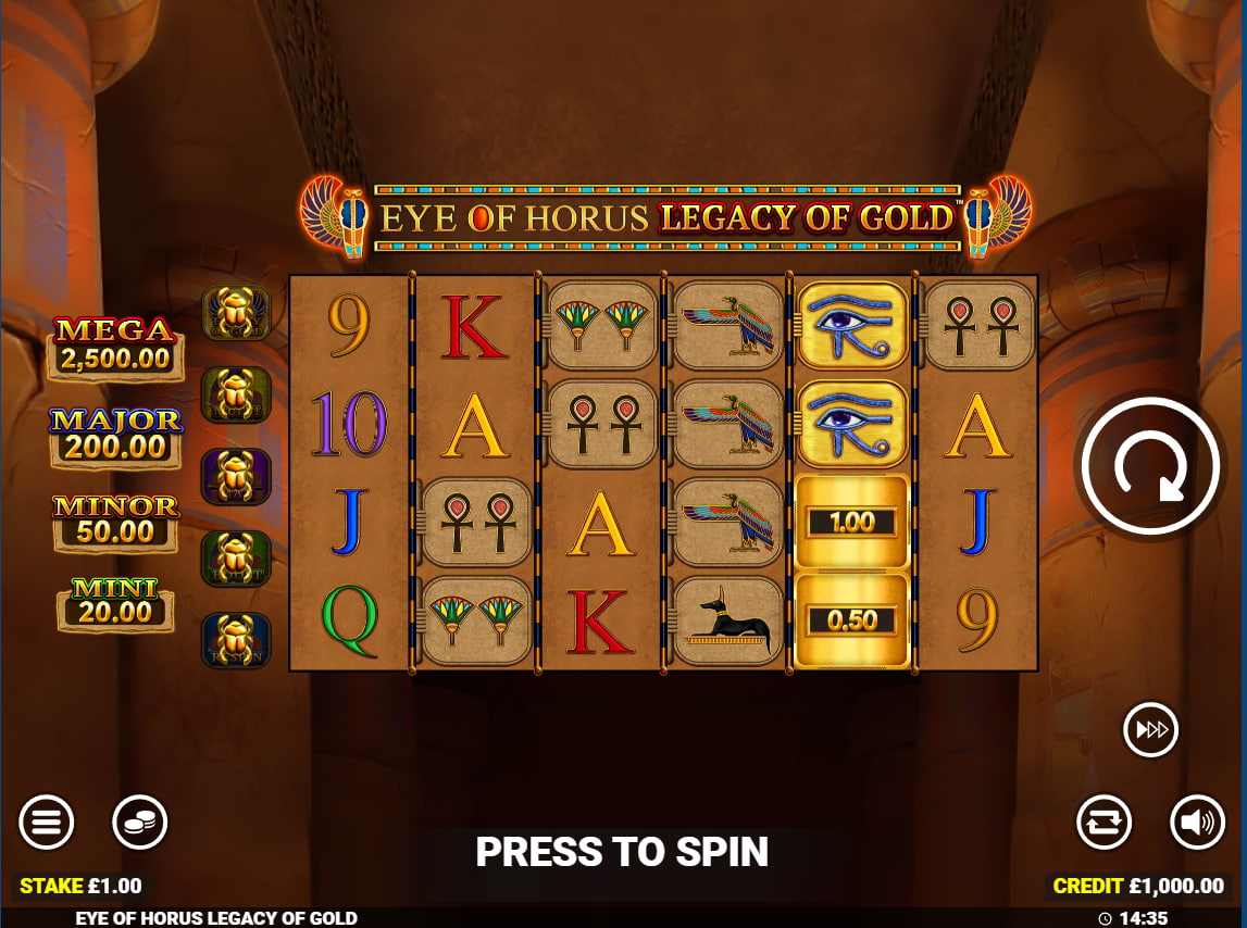 The main six-by-four grid layout of the slot displaying Egyptian symbol combinations alongside active cashpot meters to track available jackpot values.